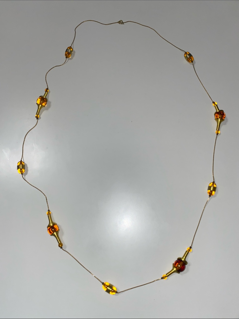 Gold-Tone Long Beaded Necklace with Amber Glass Beads